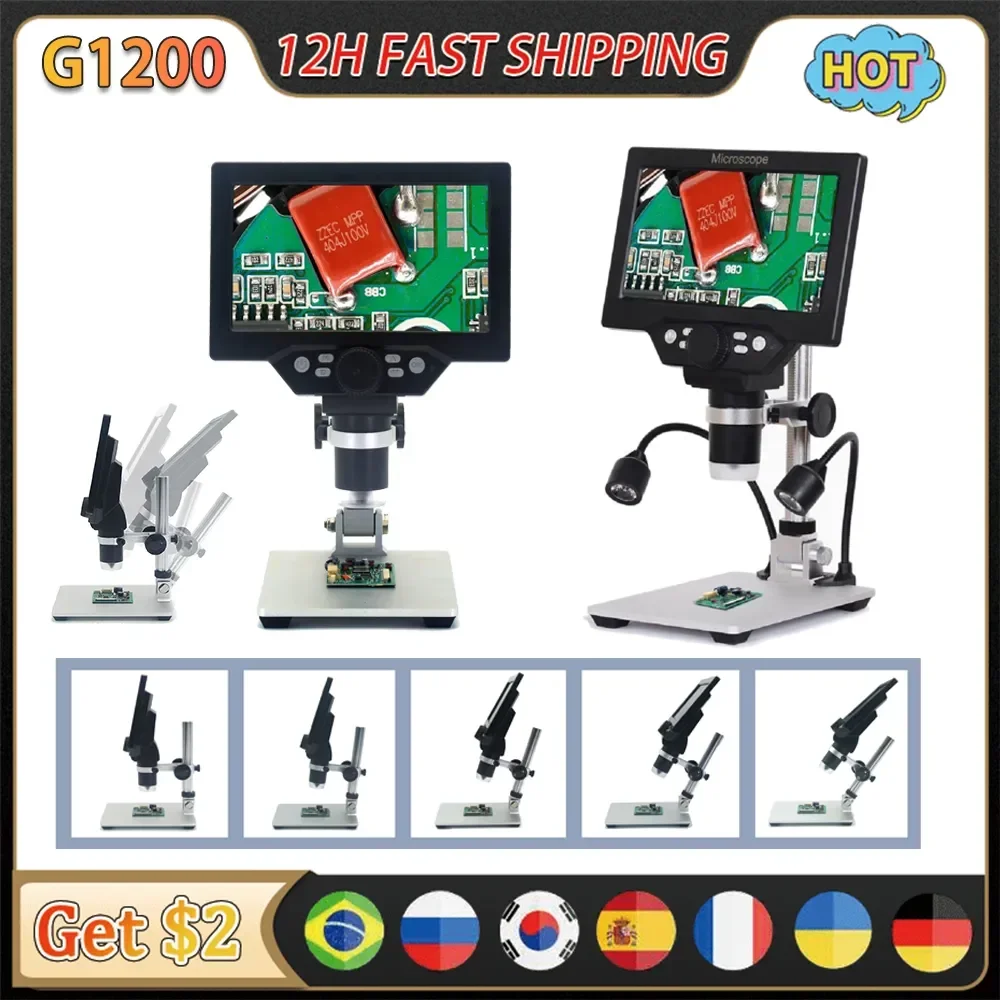 

G1200 Microscope Digital Microscopes 7" Screen 12MP 1-1200X Electronic Microscopio Trinocular Continuous Amplification Magnifier