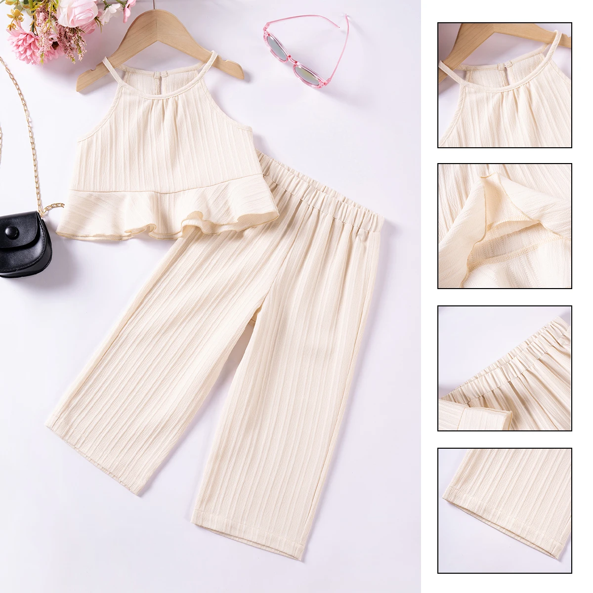 Girl's Summer Suit Sweet Children's Clothes Solid Color Wave Stripes Two-piece Sleeveless Top + Trousers Refreshing Breathable