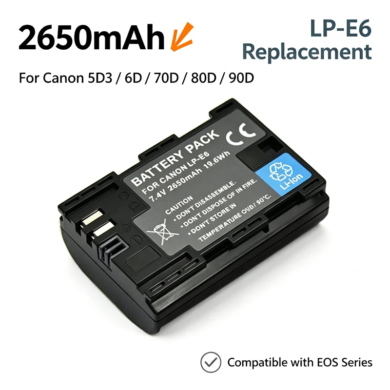Аккумулятор для камеры 2650 мАч LP-E6 для Canon EOS 5D Mark II, 2, 3, 6D, 7D, 60D, 60Da, 70D, 80D, 90D, DSLR, а также для цифровых камер EOS 5DS