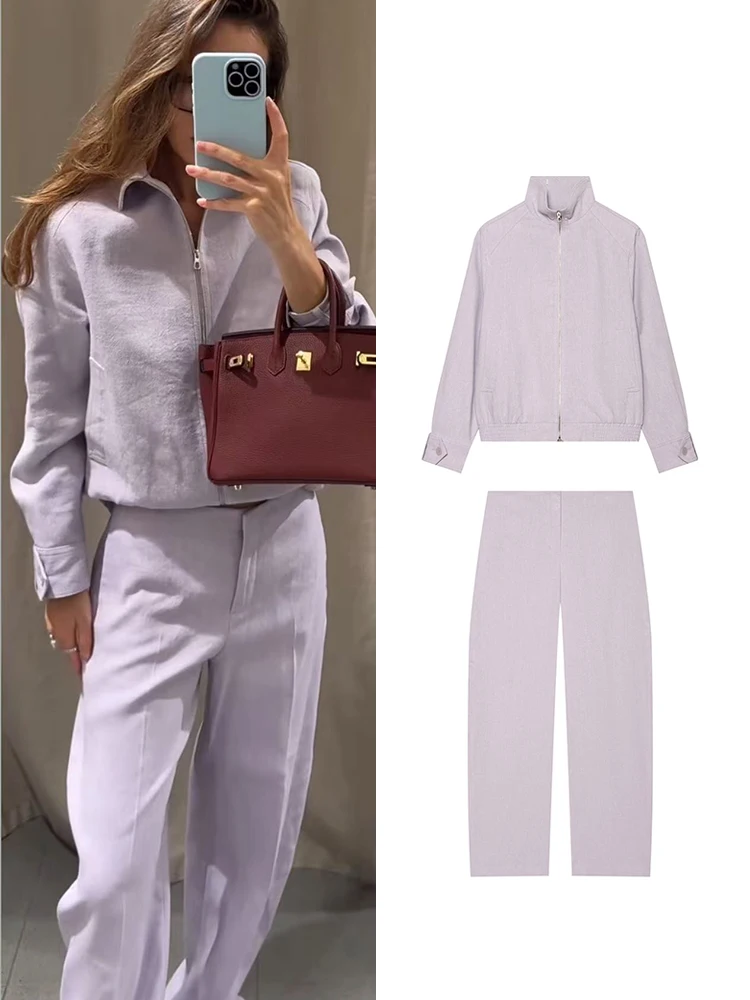 Ensemble veste et pantalon pour femme TFMLN – Col montant, fermeture éclair, manches longues, coupe ample, pantalon large – Nouveauté automne, tenue décontractée chic