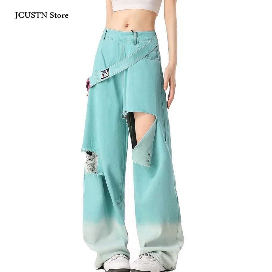 

New Autumn Broken Hole Jeans Gradient High Street Hip Hop Trousers Women Fashion Wid Leg Pants Harajuku Streetwear Baggy Pants