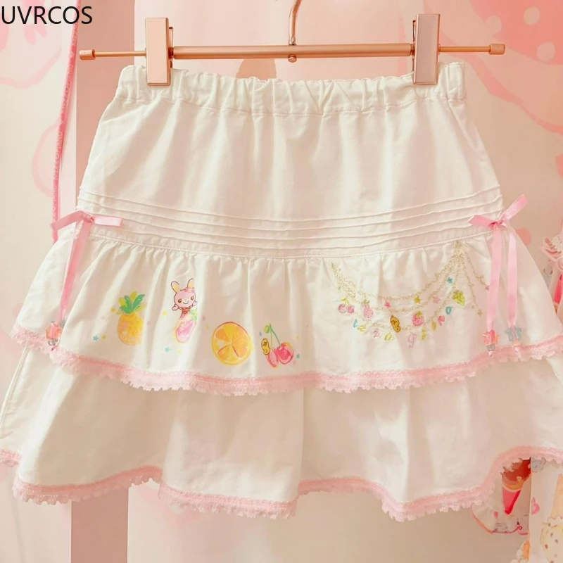 Japanese Kawaii Lolita Style Cake Skirt Women Sweet White Cartoon Print Lace Patchwork Bow Mini Skirt Cute Y2k Faldas Mujer 2025