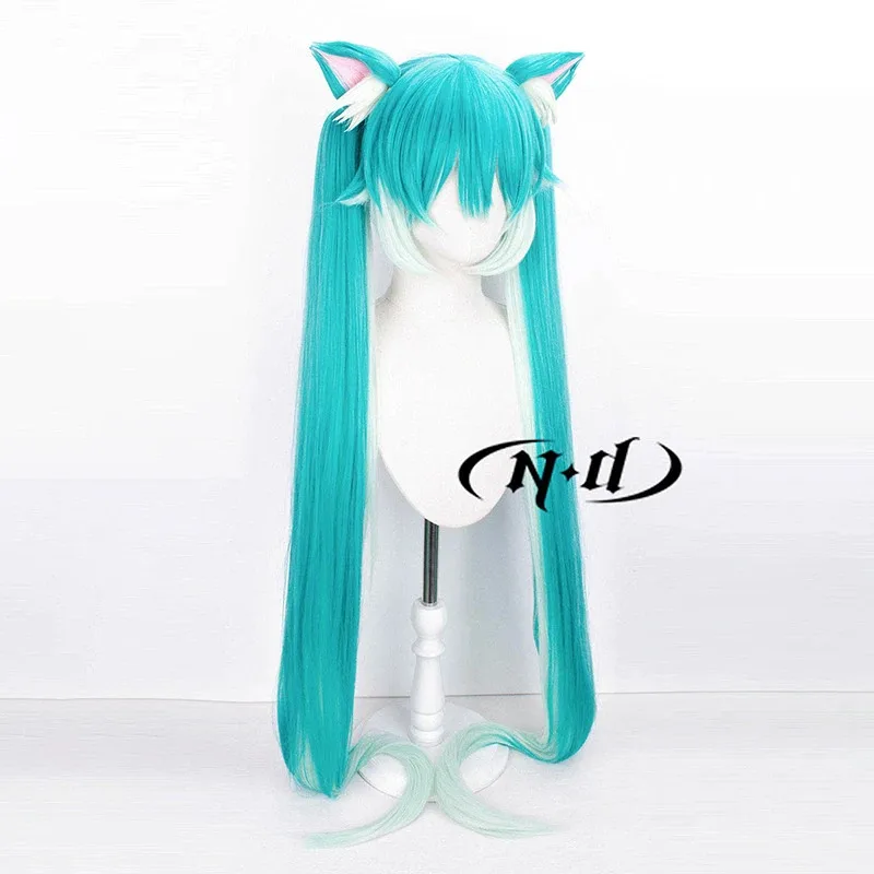DY2025ND Hatsune Miku Pelucas de cosplay V Singer Cosplay Aqua Green Pelucas de pelo de cola de caballo doble con orejas para Comic Con Coser Navidad P