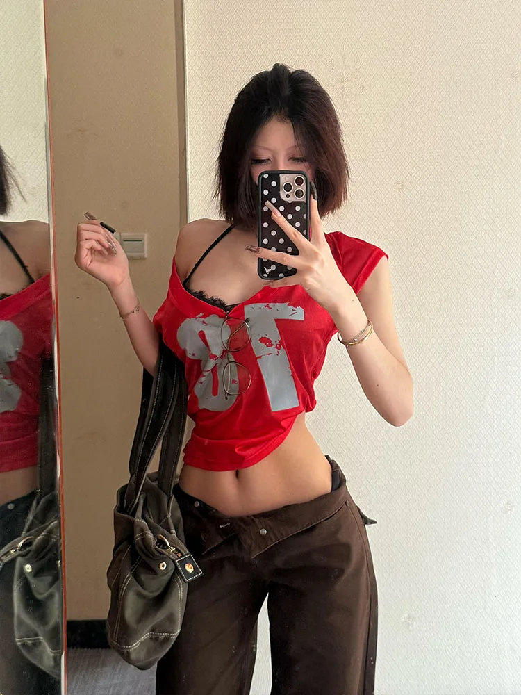 Slim Fit ort Sve V-Ne T-Shirt Damen Sommer Digitaldruck Kontrastfarbe Abnehmen Hot Girl Street Sle Baumwollmischung