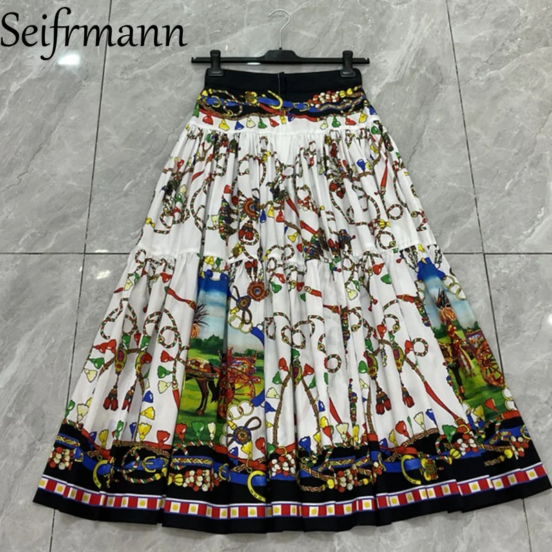 Seifrmann Casual printed cotton skirt high waist A-line long skirt 2026 summer women's fashion new style