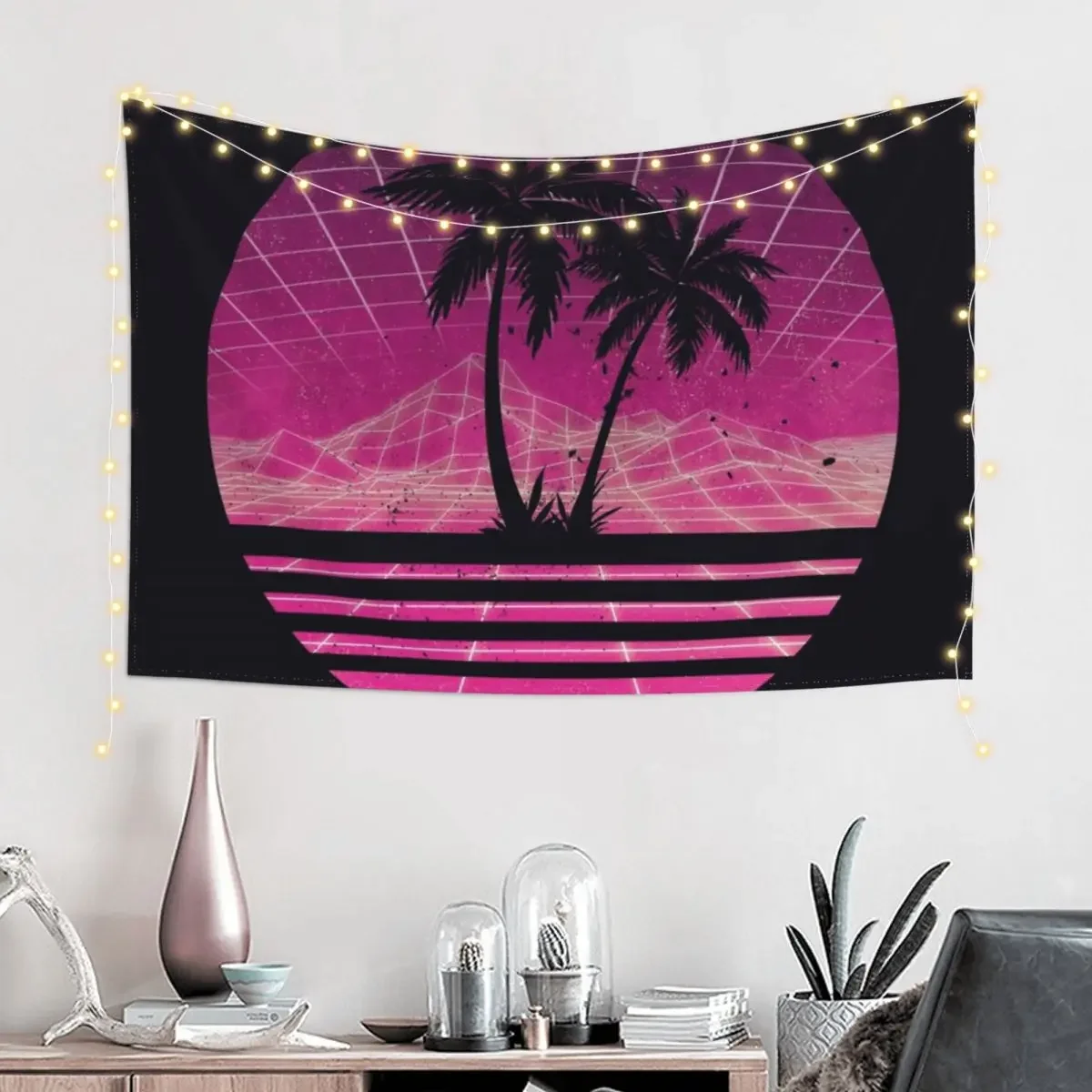 Modern Retro 80s Outrun Sunset Palm Tree Silhouette - Magenta Tapestry Decoration For Home Art Mural Tapestry