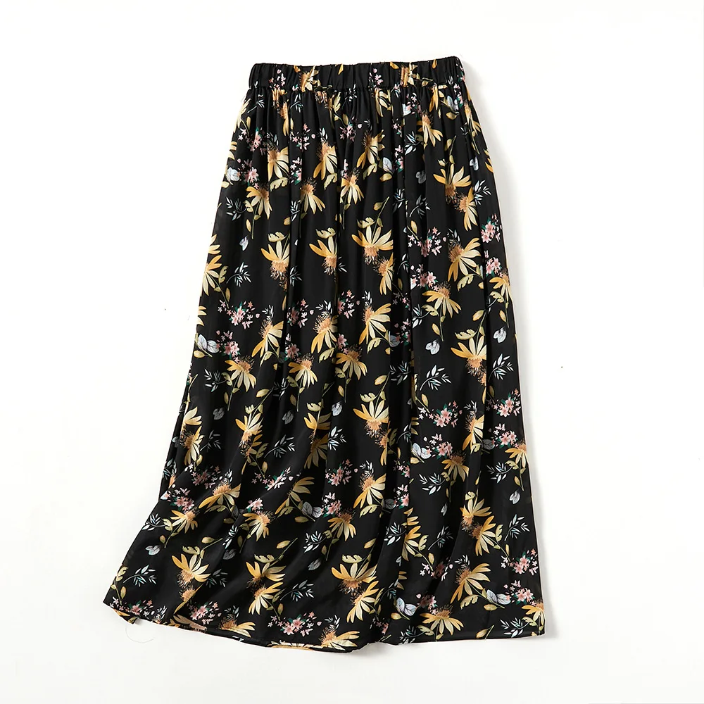 Winsleter-100%Silk Elegant Skirts, Elastic Waist Floral Printed, Women Temperament Party A-line Skirt, 2026 Spring New B61209CC