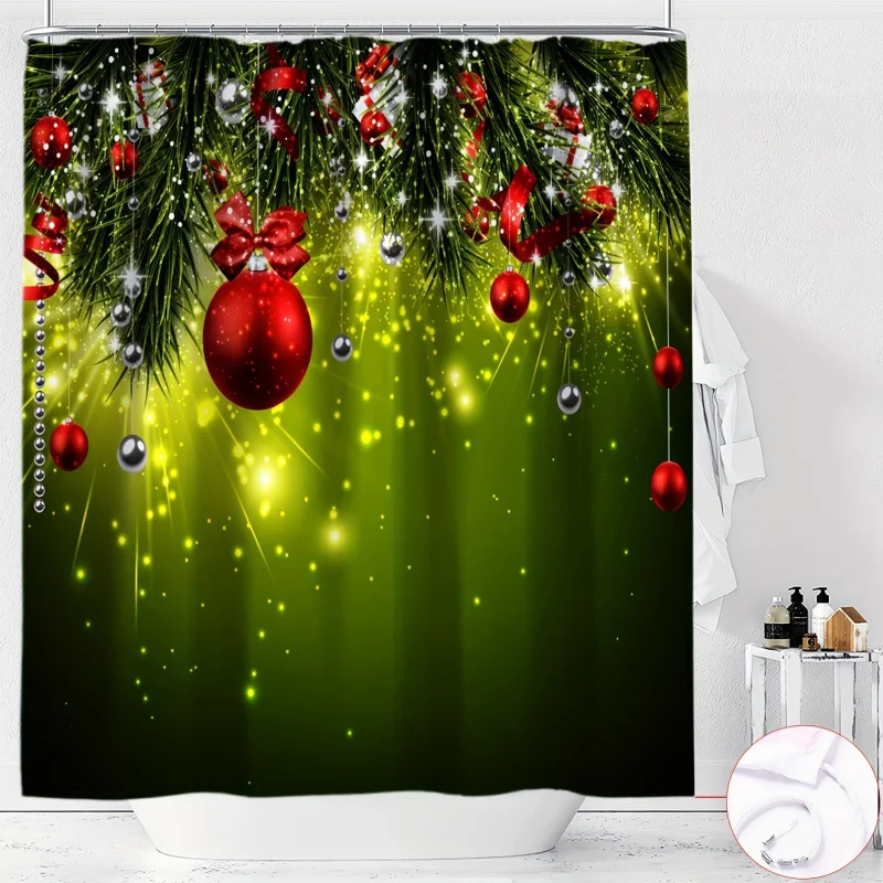 YWJHUI Christmas Holiday Shower Curtain with Festive Green Leaves & Colorful Baubles Print, Water-Resistant Polyester Bathroom D