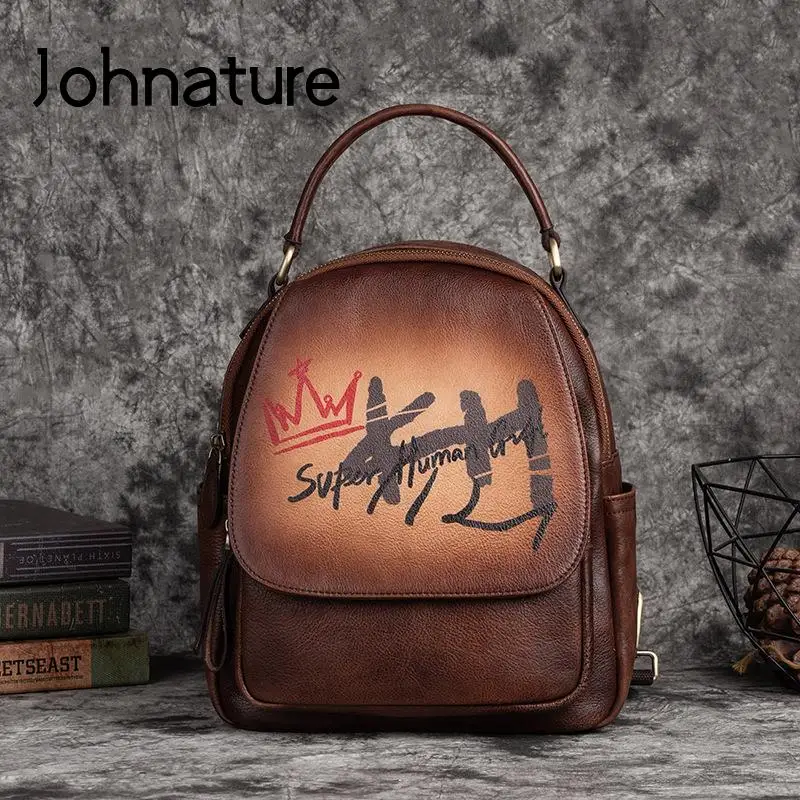 

Johnature Hand Painted Genuine Leather Women Bag Natural Soft Cowhide Backpack Leisure Large Capacity Ladise Outdoor Travel Bags