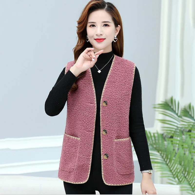 

New Spring Autumn Waistcoats Vest Women's Coat Lamb Plush Vest Fashion Slim Warm Single-Breasted Mother Casual Vests Waistcoat