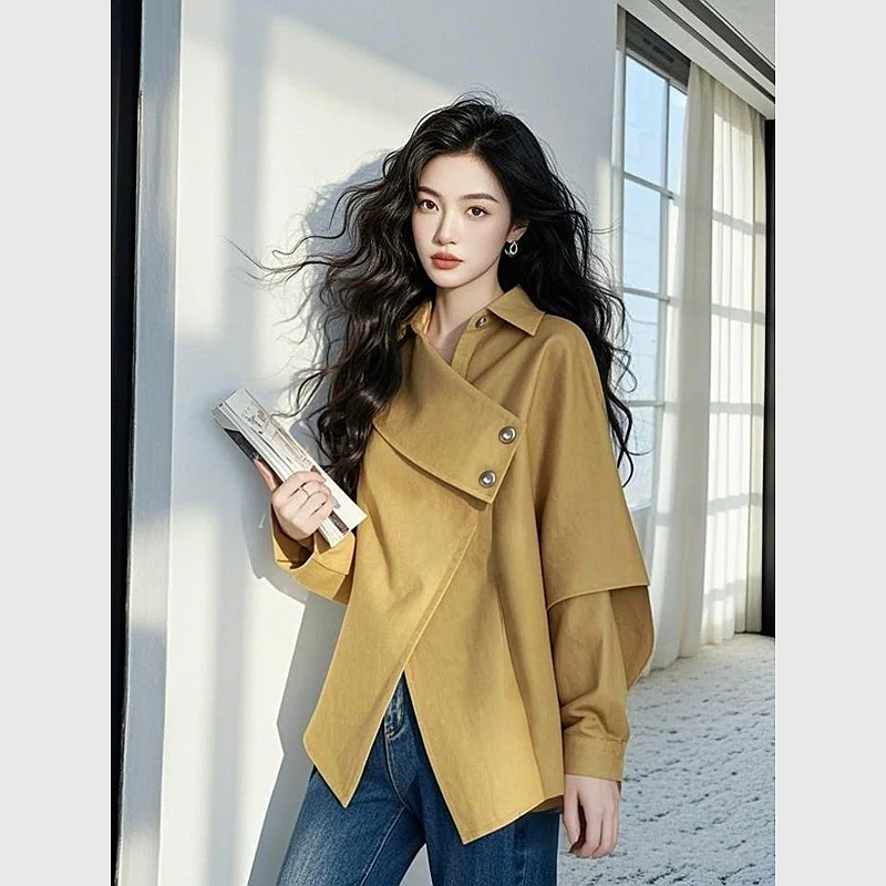 

Винтажная желтая рубашка с нерегулярным боковым разрезом, женская прямая повседневная рубашка с длинными рукавами, осенний японский корейский шикарный офисный тканевый топ