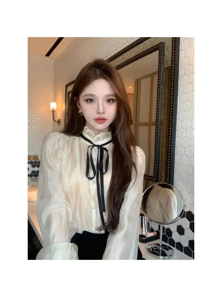 Kimotimo Chiffon Blouse Women French Sweet Stand Collar Bandage Bow Long Sleeve Shirts 2024 Autumn Elegant Office Ladies Tops