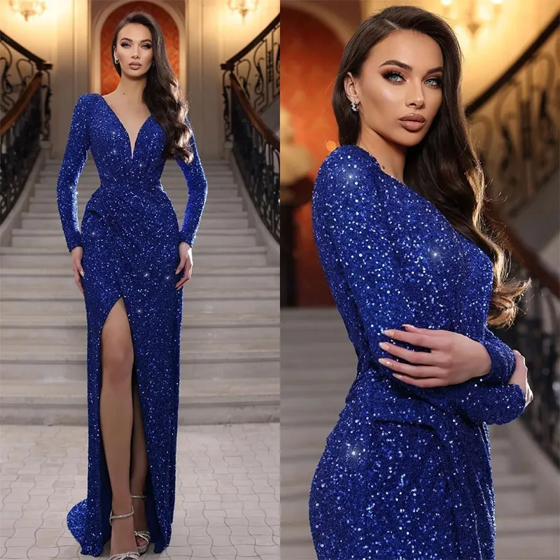 Royal Blue Prom Dresses Sequins V Neck Evening Dress Long Sleeves Split Formal Long Special Occasion Party dress