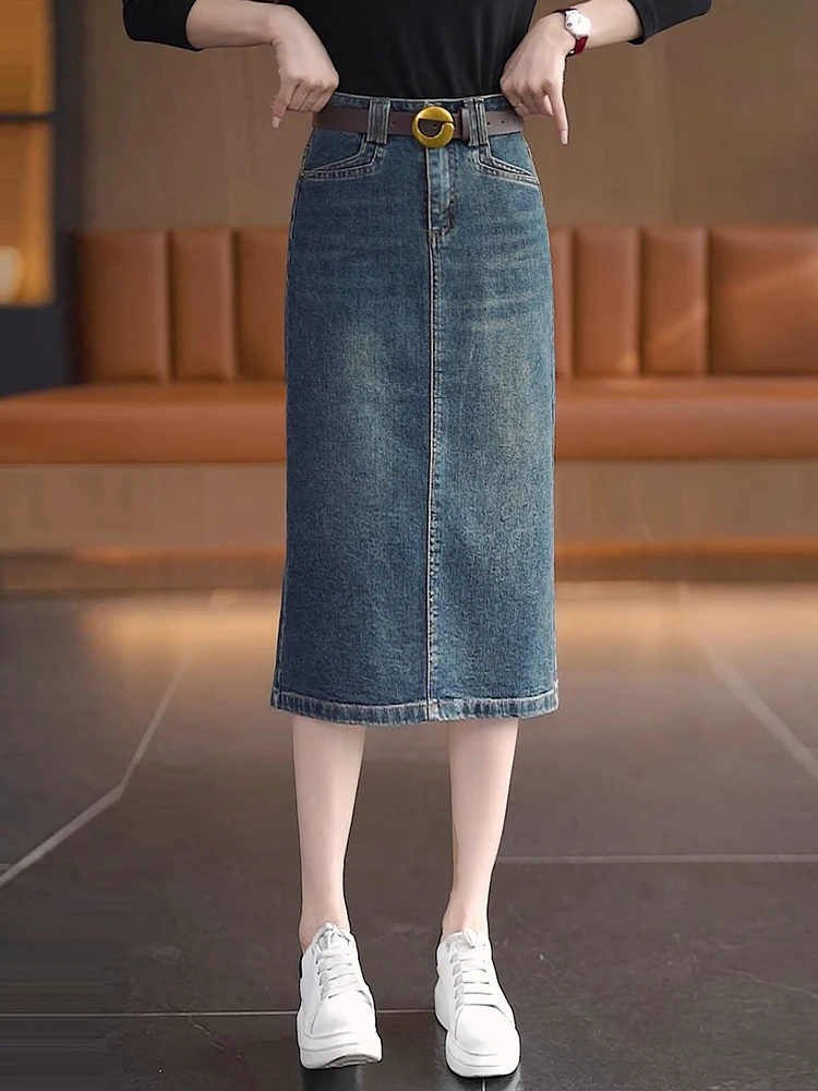 

Юбка А-силуэта с высокой талией для женщин, весна-осень 2025, новый стиль, джинсовая, с разрезом, утягивающая, миди длина