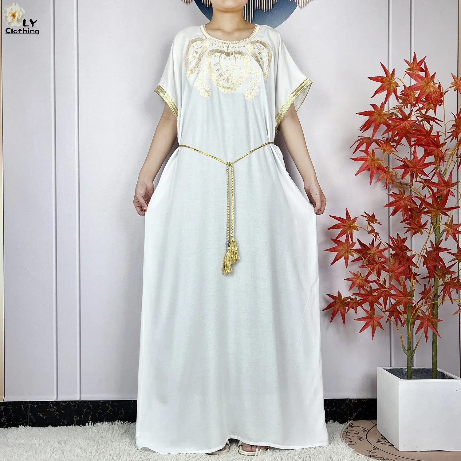 2024 New Summer Short Sleeve African Abaya Cotton Pure Color Embroidery Loose Woman Maxi Islam Tradition Dresses With Headscarf