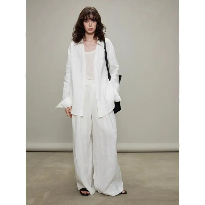 

Maxdutti Woman Clothes French White Linen Shirt And Pants Set Lazy Sun Protection Long Sleeved Shirt Women's Pants And Trousers