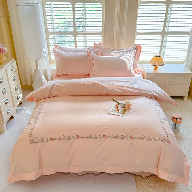 Pure Cotton Floral Embroidery Princess Bedding Set 100% Washed Cotton Queen King Size Duvet Cover Bed Sheet Pillowcases 4Pcs