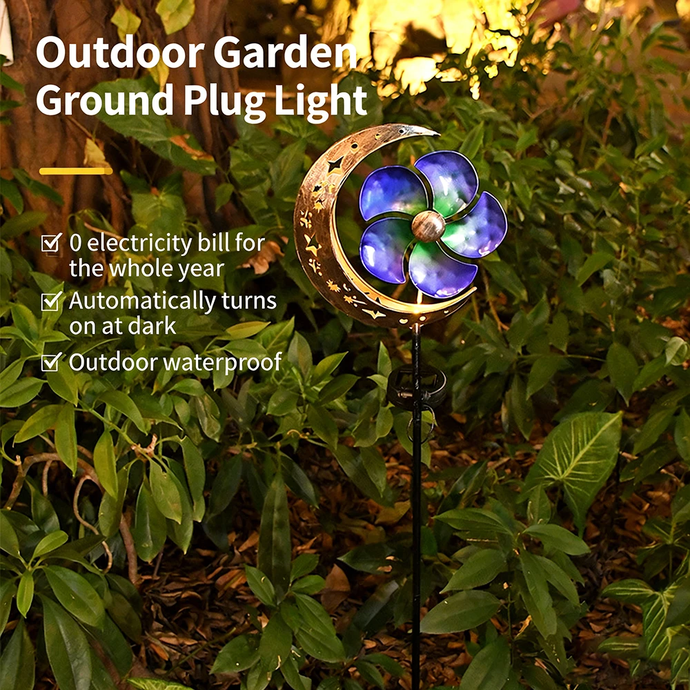 

Retro Moon Wind Spinner Solar Lights Outdoor Metal Garden Decor Stake Waterproof Led Landscape Lamp, Yard Art Pathway Patio Gift