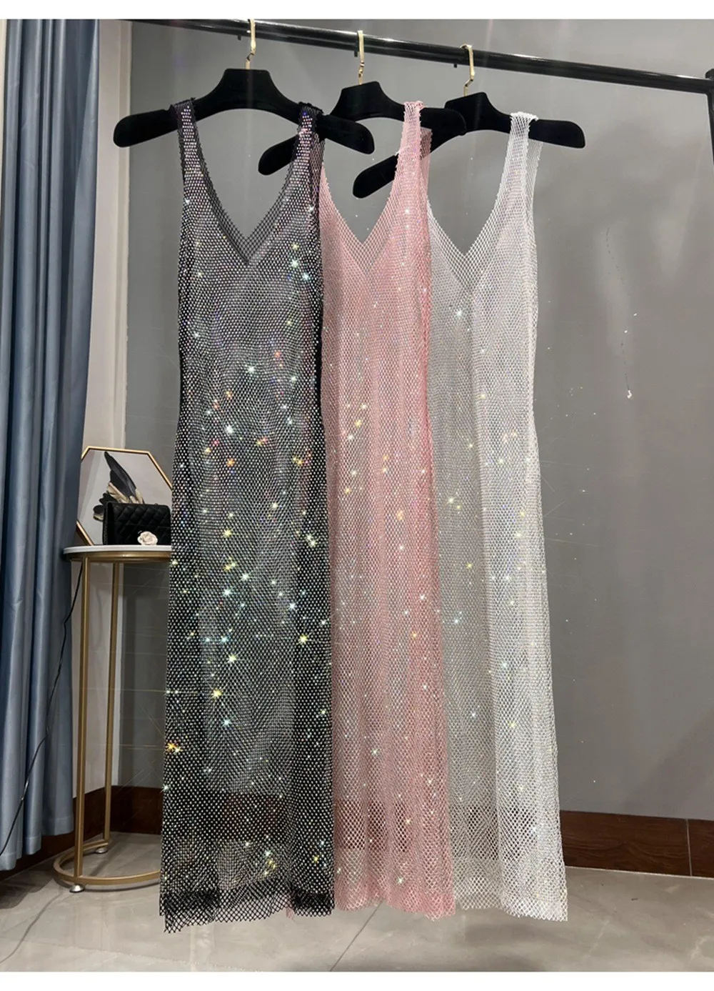 Elegant Party Dress Prom Mesh Spaghetti Strap Rhinestone Embellished Maxi Dress Sheer Net Sparkly Long Black Mesh Evening Dress