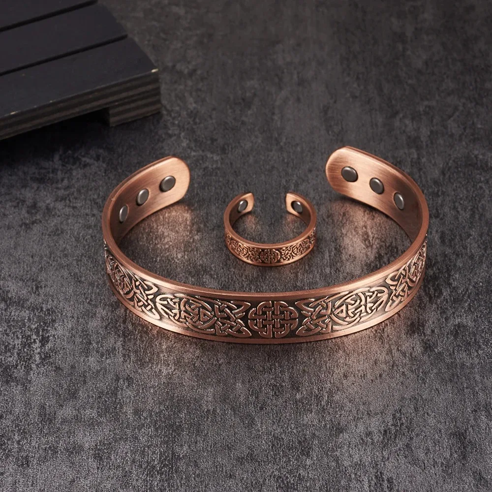 Pure Copper Jewelry-Set Viking Adjustable Bracelets Ring Resizable Health Energy Vintage Jewelry Set Women Men