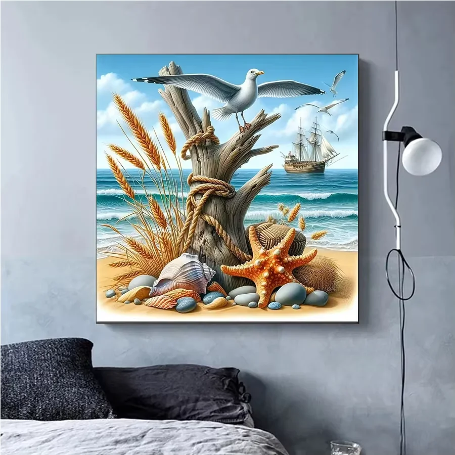 Diamond Painting Seaside Landscape Diamond Embroidery Full Square Round 5D Mosaic Dead Wood Pile Seabird,Starfish Conch Decor