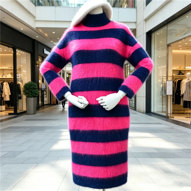 Women Fashion Striped Hairy Angora Rabbit Hair Knitted Mock Neck Long Sleeves Long Sweater Jumper Autumn Winter Dress Pull Tops