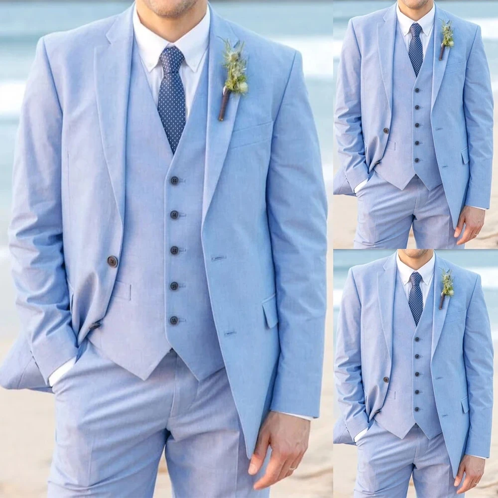 Traje azul claro para hombre, chaqueta de esmoquin, chaleco y pantalones, 3 piezas, diseñador, boda, ocasión Formal