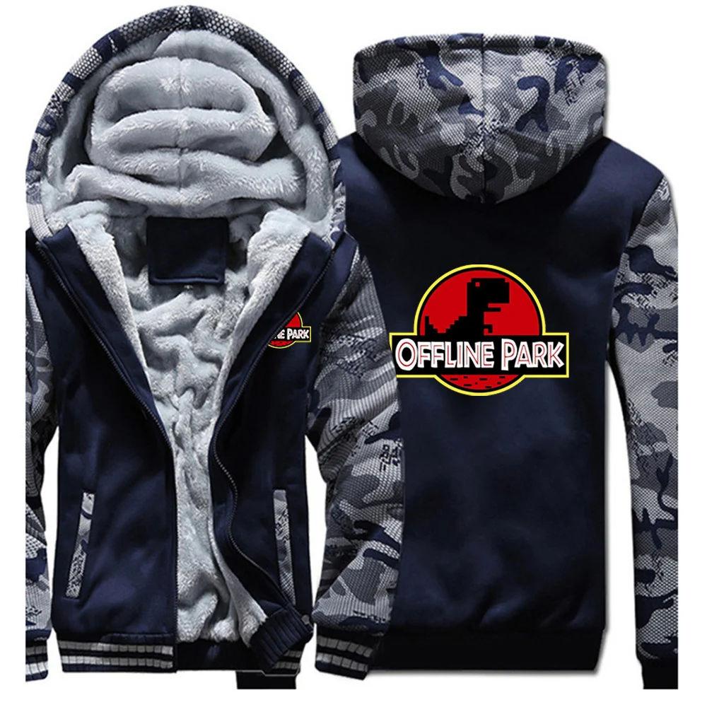 

2025 Autumn Winter No Internet Thickened Hoodies Men's Cartoon Dinosaur Jurassic Offline Park Splicing Long Sleeve Hooded Coats