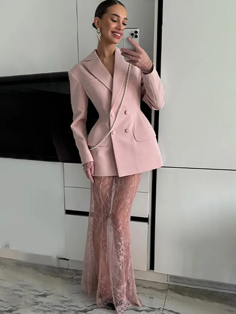 HH Women Fashion Lapel Double-Breasted Waist-closing Design Blazer Coat+Translucent Rear Zipper A-line High Waist Skirt Set