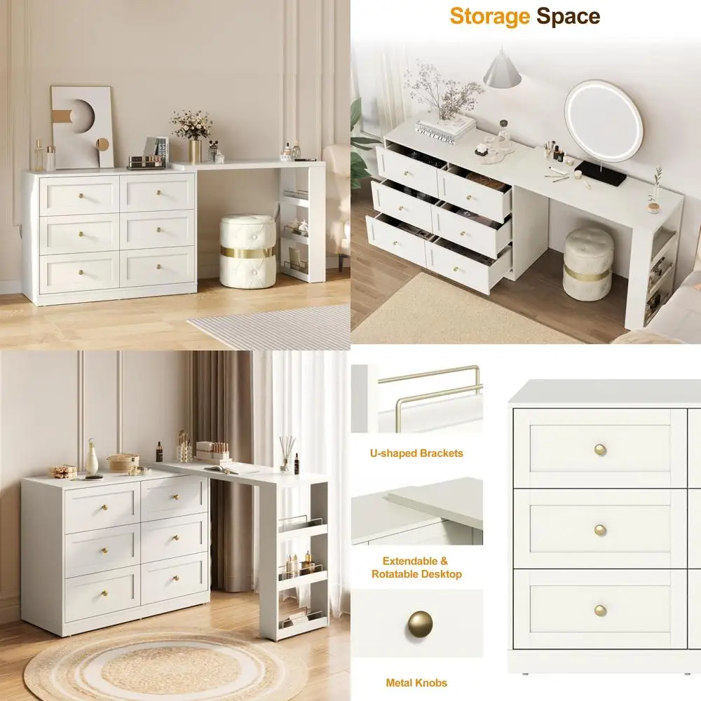 76-inch Extendable Makeup Vanity Desk with 6-Drawer Dresser and 3 Side Shelves in Wood Corne Style