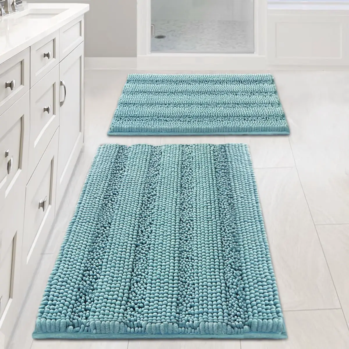 

Extra Thick Chenille Striped Pattern Bath Rugs for Bathroom Non Slip - Soft Plush Shaggy Mats for Floor, Indoor, Entryw