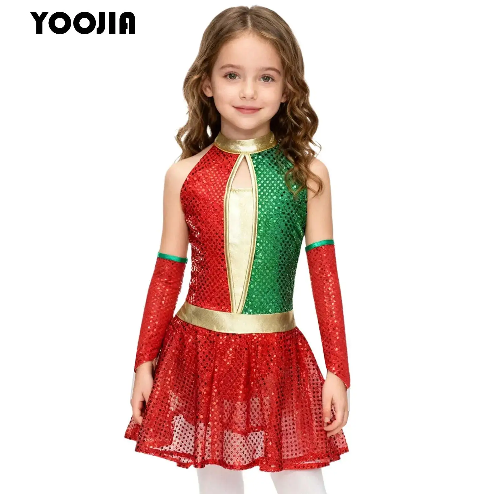 

Kids Girl Shiny Sequins Christmas Dance Dress Xmas Santa Claus Circus Cosplay Costumes Ballet Dance Skating Leotard Tutu Outfits