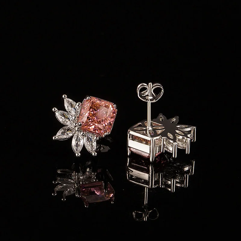 Gorgeous 925 Sterling Silver Pink Sapphire Firworks Climber Earring Artistic Flower Pink Diamond Ear Studs High Jewelry Replica