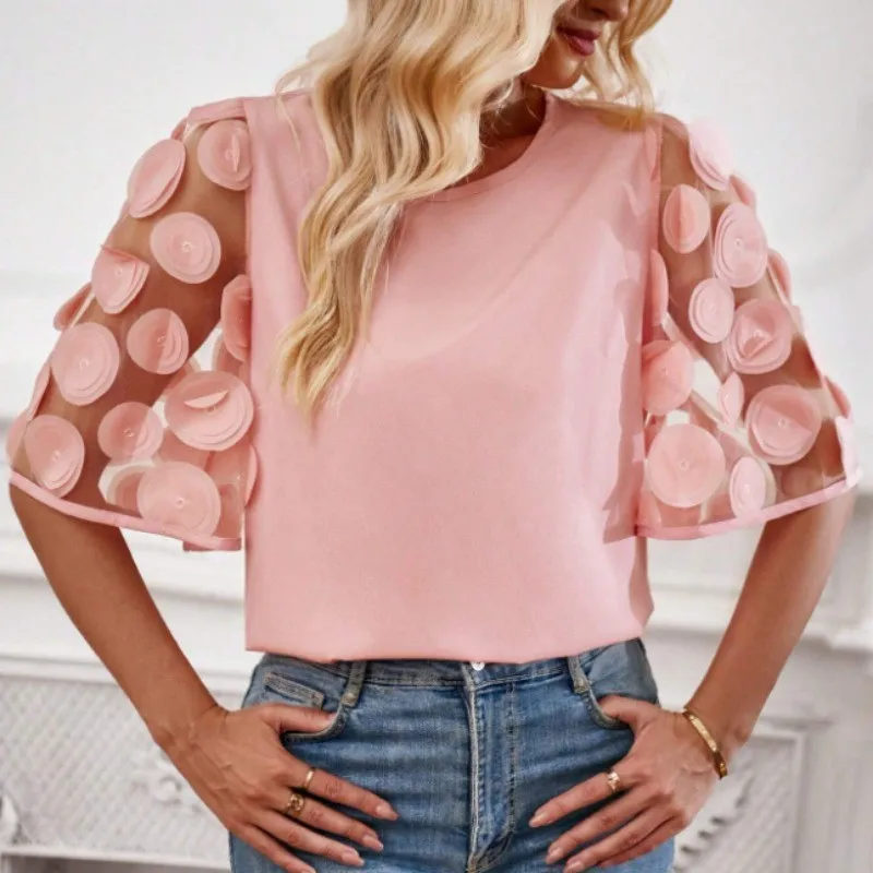 2024 Round Necked Hollow Short Sleeved Shirt Top Casual Lace Patchwork Top Office Lady Elegant Mesh Splicing Blouse Tops Femme