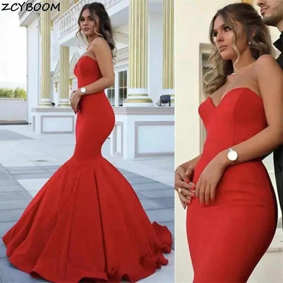 Gaun malam putri duyung merah 2025 wanita Formal pesta tanpa lengan Vestido De Gala elegan Sweetheart Neck panjang A-Line gaun Prom