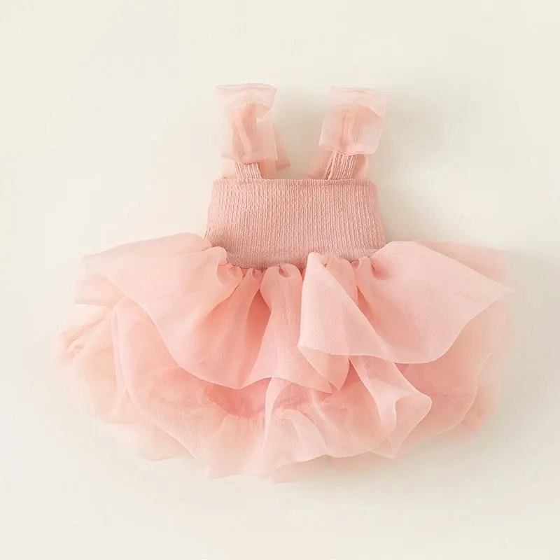 18M-7Y Summer Girl Dress Polyester Suspender Sleeveless Lace Play Smocking A-line Dress Pleated Comfortable