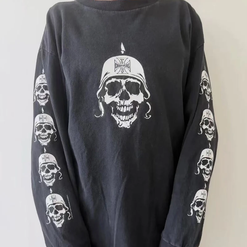 European American West Coast Choppers Long-sleeved T-shirt Black Men Women Versatile Casual Top Skull Print T Shirts Oversized