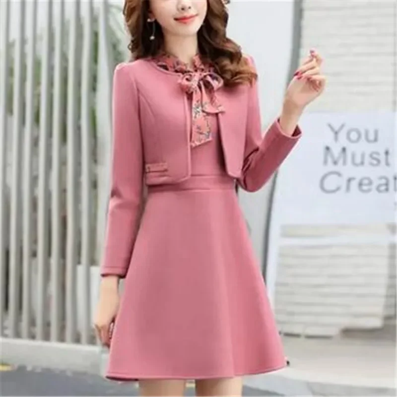 2024 Elegant Women Sets Patchwork Floral Woolen Mini Dress Long Sleeve Cropped Jacket Office Wear Chic Set Woman 2 Pieces J3111