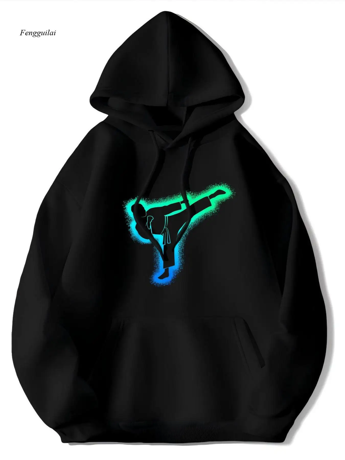 سترة بغطاء للرأس للكاراتيه مع طباعة ركلة فنون الدفاع عن النفس باللون الأخضر/الأزرق النيون - سترة صوفية لجميع المواسم للجنسين