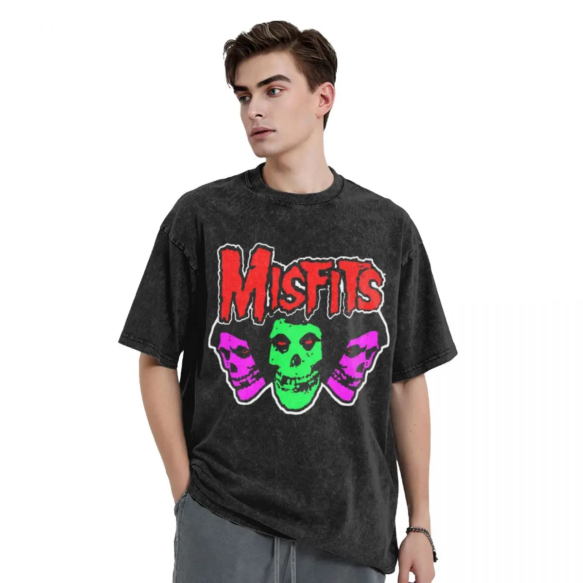 Misfits Skull woman Men Washed T-Shirt Hot stamping Print Tees,Harajuku Cotton Tshirt Men's Summer Short Sleeve Tees