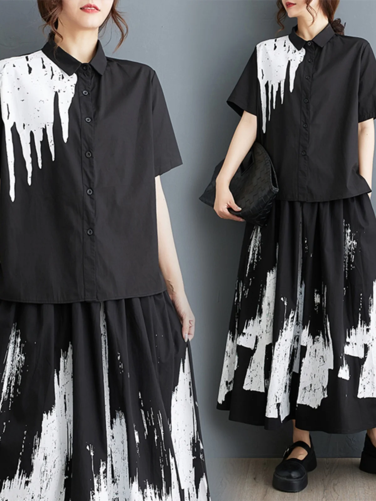 

Ele Faionable Ladies Summer 2025 Print ort Sve Wide Hem Long Dr Two-Piece Set Collar irt And Skirt Ensemble