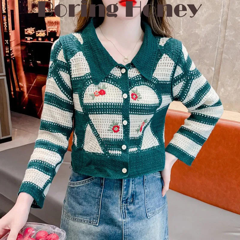

Boring Honey French Retro Striped Hollow Top Embroidered Flower Coat Knitted Cardigan Women's Early Autumn Fashion Sweet Wind To