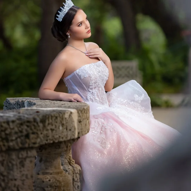 Light Pink Quinceanera Dress Glitter Crystal Beadwork Decal Long tail off-shoulder Bow Vestidos De 15 Quinceanera ﻿Customize