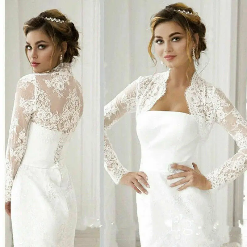 

Wedding Bolero Long Sleeve Bridal Jackets Lace Top White Ivory Wraps Bride Jacket