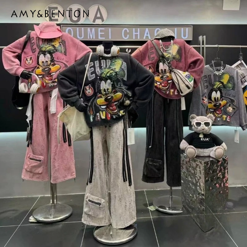 

Winter New Heavy Industry Beaded Cartoon Print Fleece Sweatshirt Women's Kawaii Loose Hoodies Fashion Versatile Top Sudaderas