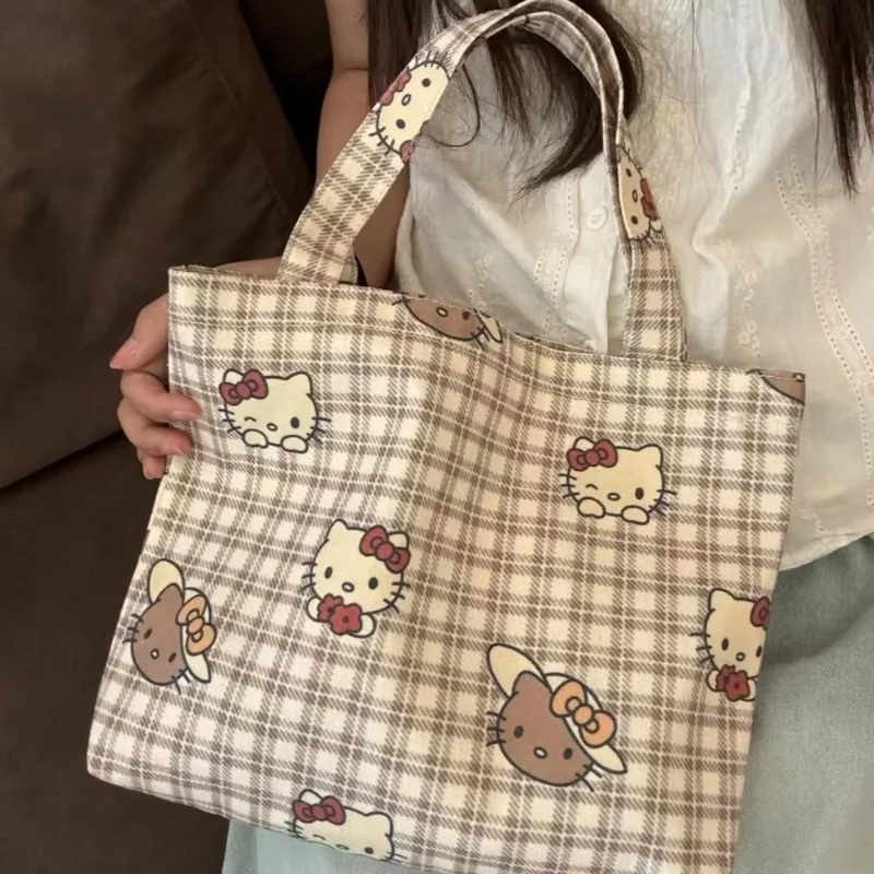 MINISO Hello Kitty Handbag Cute Printed Canvas Shoulder Bag Autumn Winter Vintage Brown Checkered Large Capacity Commuter Bag