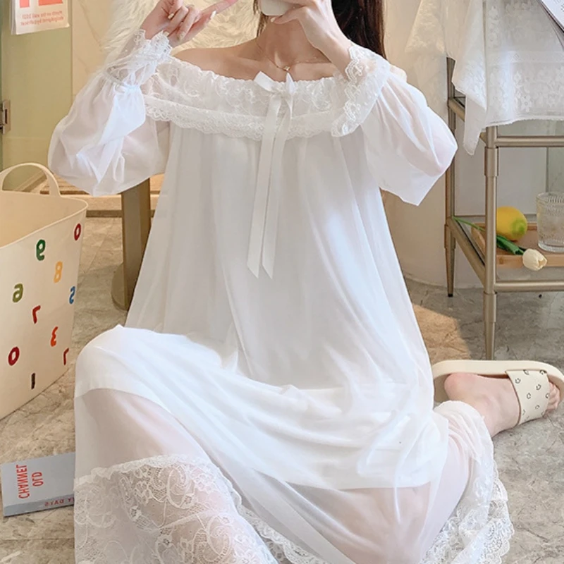 Victorian Vintage Nightgowns Women Princess Sleepwear Spring Autumn Sweet Mesh Sexy Lace Long Sleeve Peignoir Fairy Night Dress