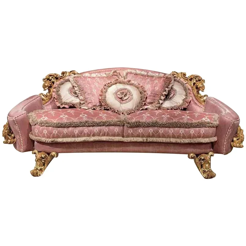 European solid wood, hand-carved villa living room, pink embroidery, three-person fabric sofa combination