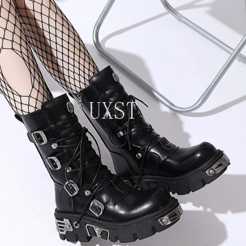 

Winter Retro Casual High Boots for Both Men and Women Street Style Metal Motorcycle Boots Punk Workwear Rock Thick Soled Boots