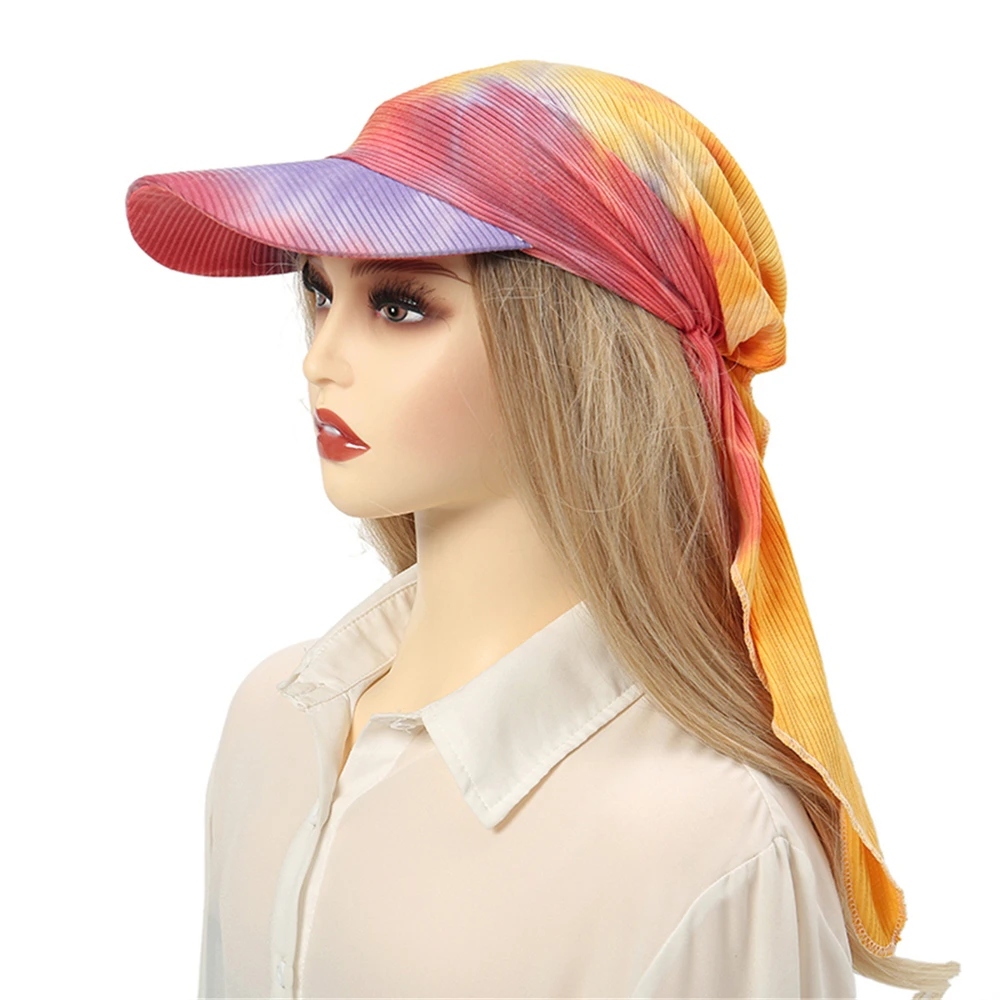 Fashion Women Wide Brim Cap Sun Visor with Pre-Tied Turban Caps Head Scarf Bandana Print Colorful Outdoor Beach Sun Hat Scarves